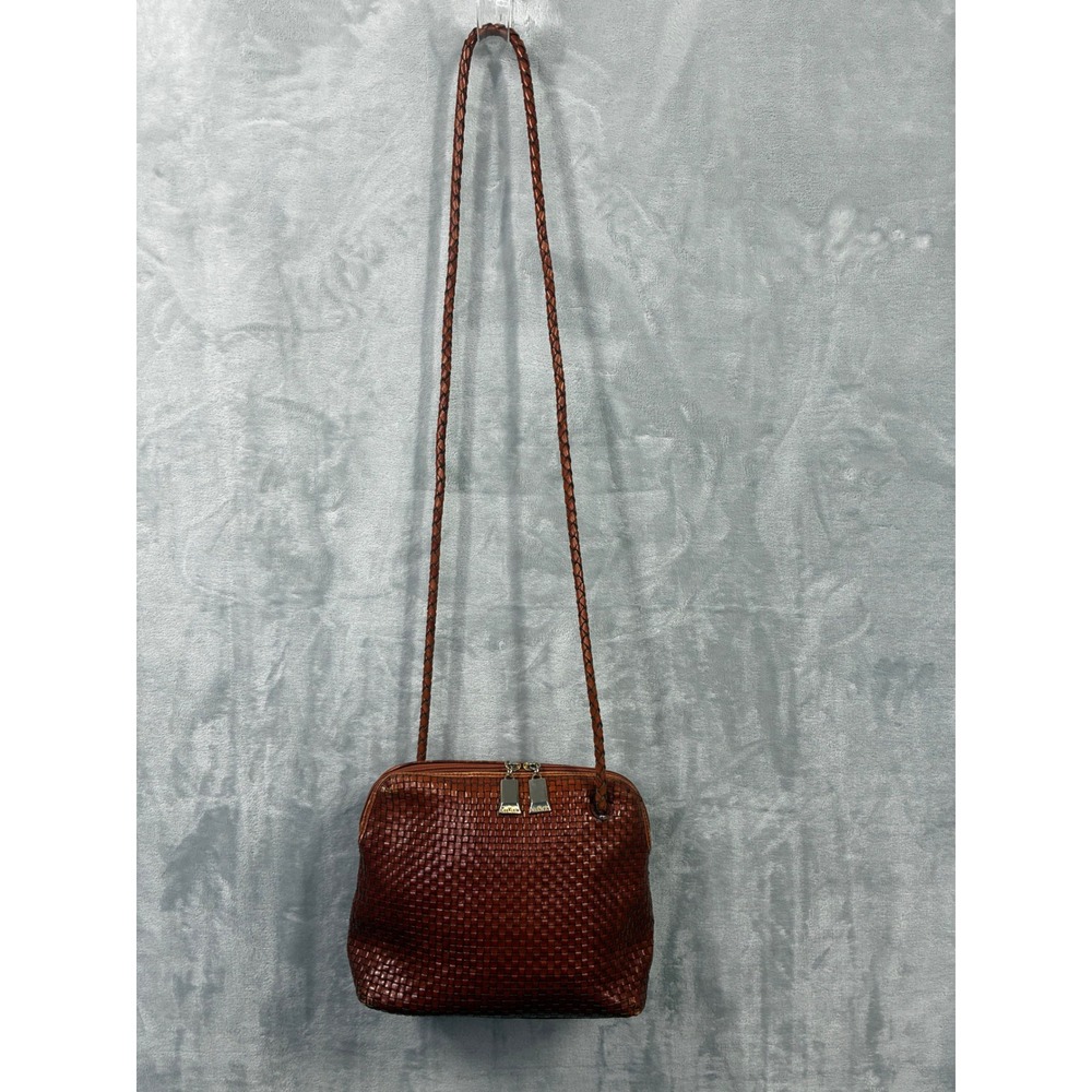 Cee Klein Woven Leather Crossbody Bag Cognac Brown Braided Strap Vintage